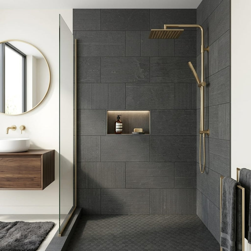 Inca Gray Basalt Tile 12x24 — Bathroom shower wall