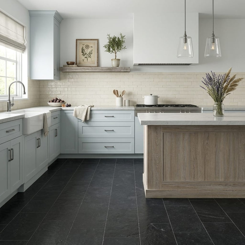 Indian Black Limestone Natural 10 x 24 x 2 Limestone Wall Cap Cap 12x24 tile — Kitchen floor