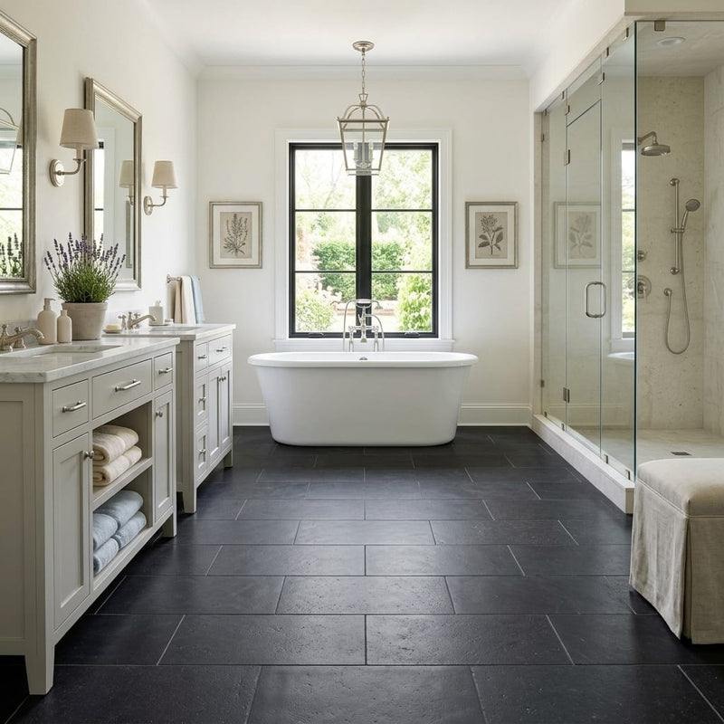 Indian Black Limestone Natural 10 x 24 x 2 Limestone Wall Cap Cap 12x24 tile — Primary Bath floor