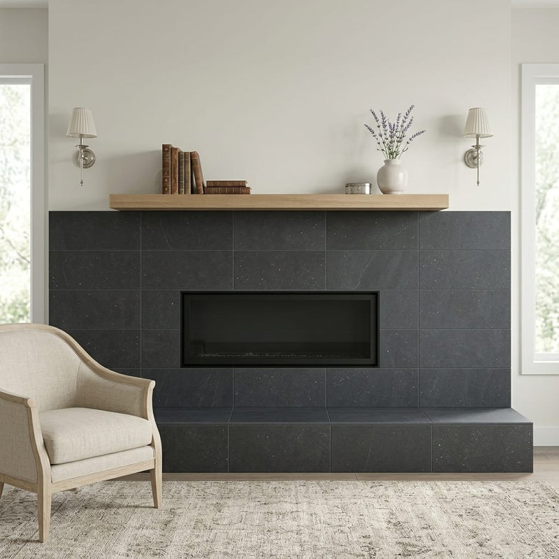 Indian Black Limestone Natural 12 x 24 x 2 Limestone Wall Cap Cap 12x24 tile — Living Room fireplace surround