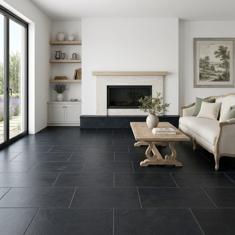 Indian Black Limestone Natural 12 x 24 x 2 Limestone Wall Cap Cap 12x24 tile — Living Room floor