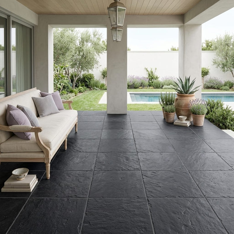 Indian Black Limestone Natural 21 x 21 x 2 Limestone Column Cap Cap 20x20 tile — Covered Patio floor