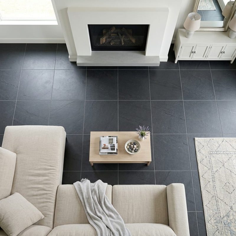 Indian Black Limestone Natural 21 x 21 x 2 Limestone Column Cap Cap 20x20 tile — Family Room floor
