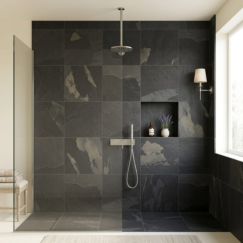Indian Black Limestone Natural 24 x 24 x 2 Limestone Column Cap Cap 24x24 tile — Bathroom shower wall