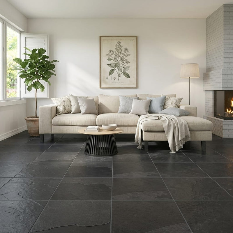 Indian Black Limestone Natural 24 x 24 x 2 Limestone Column Cap Cap 24x24 tile — Living Room floor