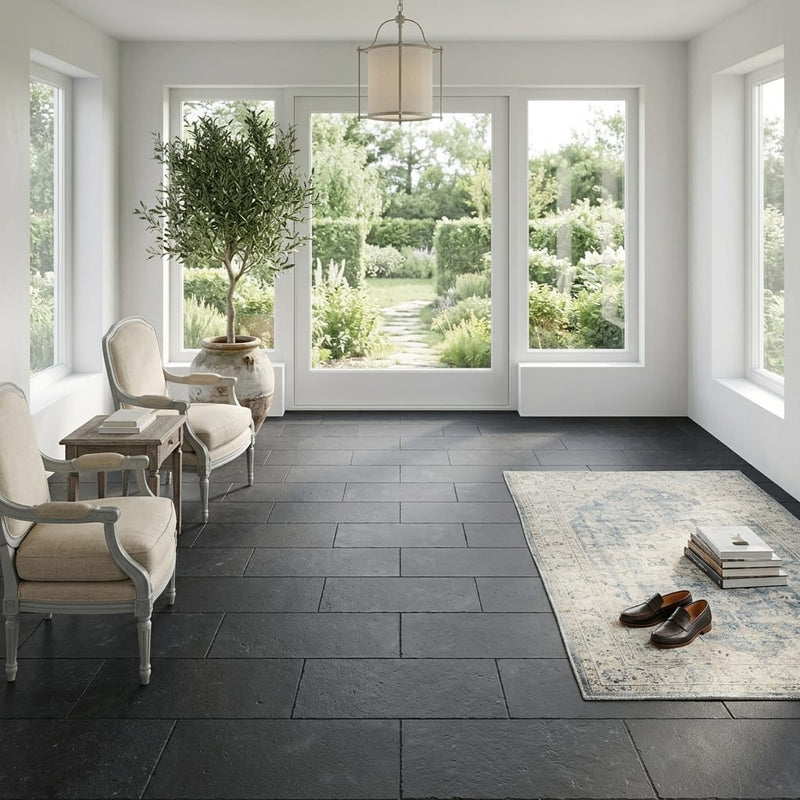 Indian Black Limestone Natural 8 x 24 x 2 Limestone Wall Cap Cap 8x24 tile — Sunroom floor