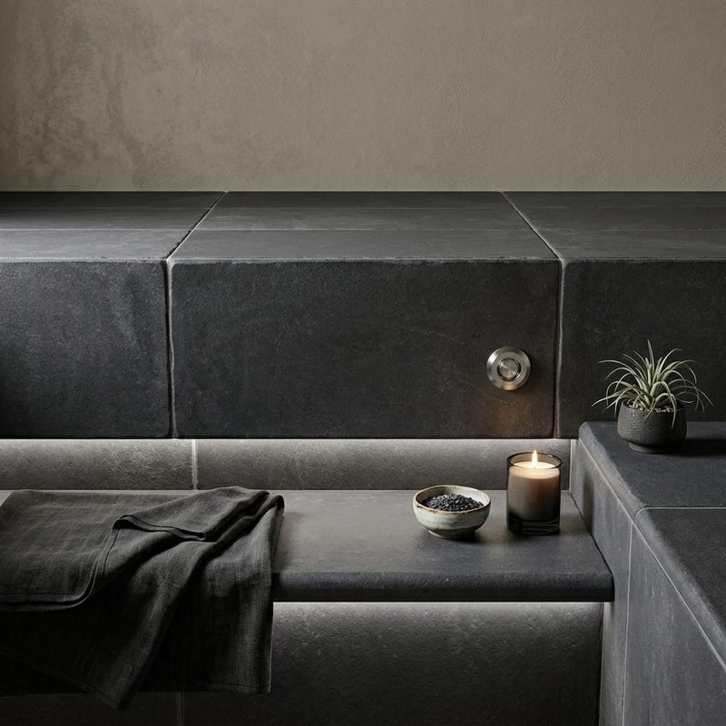 Indian Black Limestone Tumbled & Brushed 12 x 24 x 1.25 Bullnose Coping 12x24 pool coping — Spa spa overhang edge