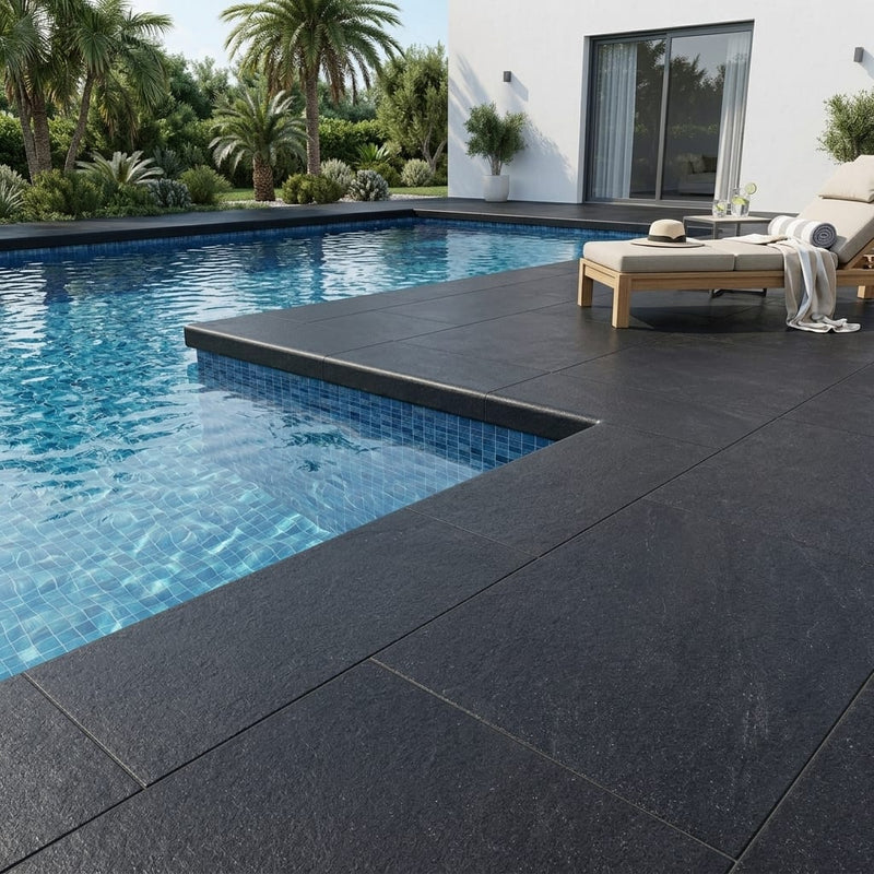 Indian Black Limestone Tumbled & Brushed 12 x 24 x 2 Bullnose Coping 12x24 pool coping — Swimming Pool pool edge drop-face coping