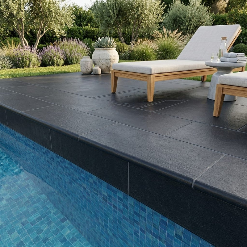 Indian Black Limestone Tumbled & Brushed 12 x 24 x 2 Bullnose Coping 12x24 pool coping — Swimming Pool remodel pool edge