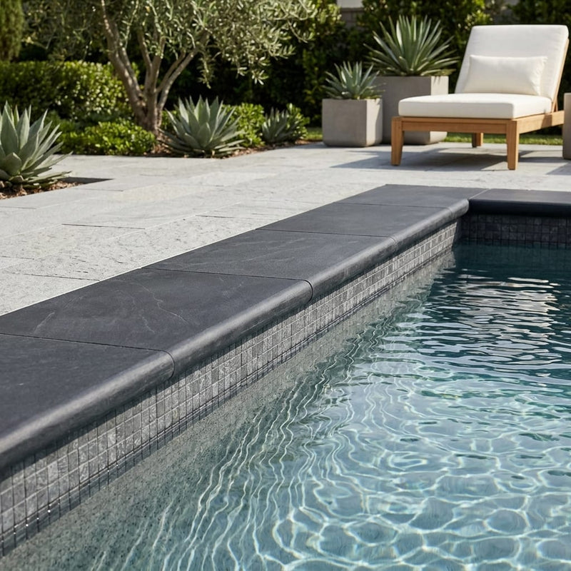 Indian Black Limestone Tumbled & Brushed 16 x 24 x 1.25 Bullnose Coping 16x24 pool coping — Swimming Pool pool edge drop-face coping