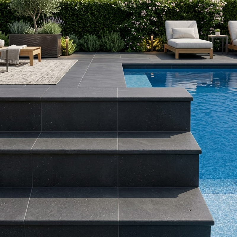 Indian Black Limestone Tumbled & Brushed 16 x 24 x 2 Modern Coping 16x24 pool coping — Swimming Pool pool step edge