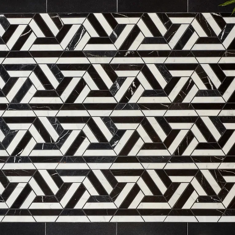 Prism Noir/Blanc Honed Mesh Pattern Marble Mosaic