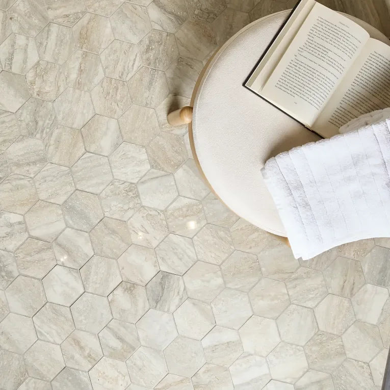 Invictus Beige Vein Cut 4 Inch Hexagon Polished Porcelain Mosaic