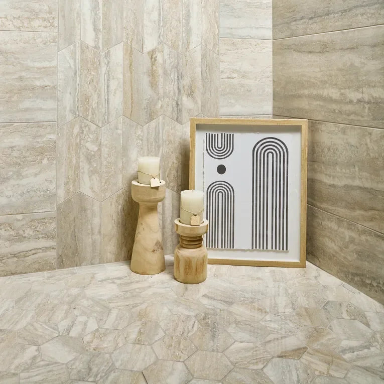 Invictus Beige Vein Cut Chevron Polished Porcelain Mosaic