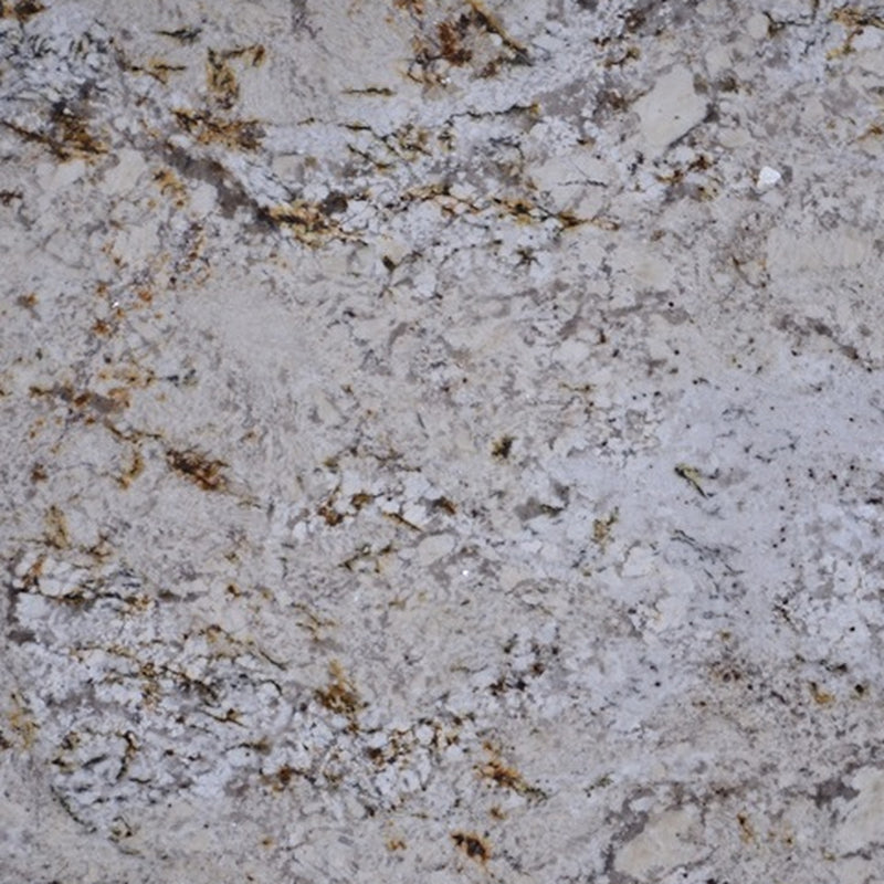 Istanbul 2cm polished granite slab with a white and gray crystalline pattern and gold and brown mineral accents.