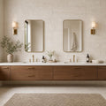 Ivory 18x36 Vein Cut Travertine Honed Unfilled Tile — Bathroom vanity wall