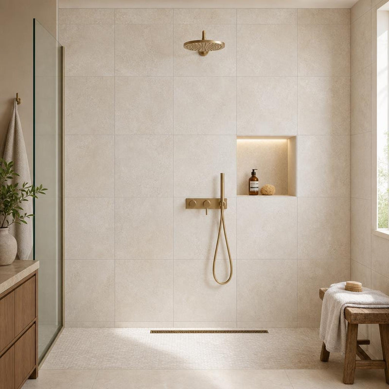 Ivory 24x24 Cross Cut Travertine Honed Filled Tile — Bathroom shower wall
