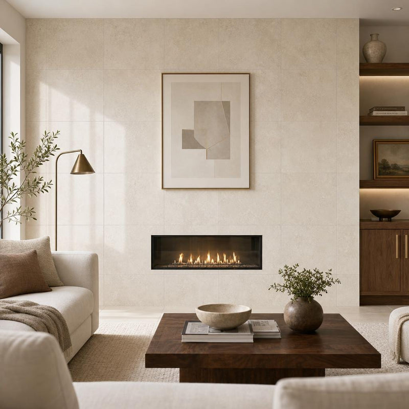 Ivory 24x24 Cross Cut Travertine Honed Filled Tile — Living Room feature wall
