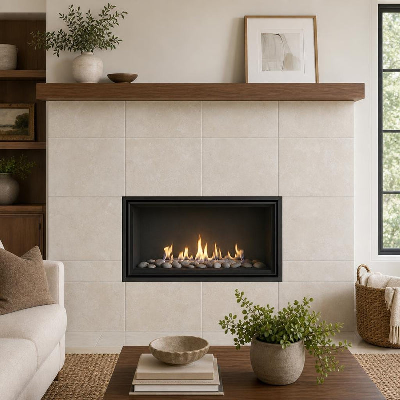 Ivory 24x24 Cross Cut Travertine Honed Filled Tile — Living Room fireplace surround