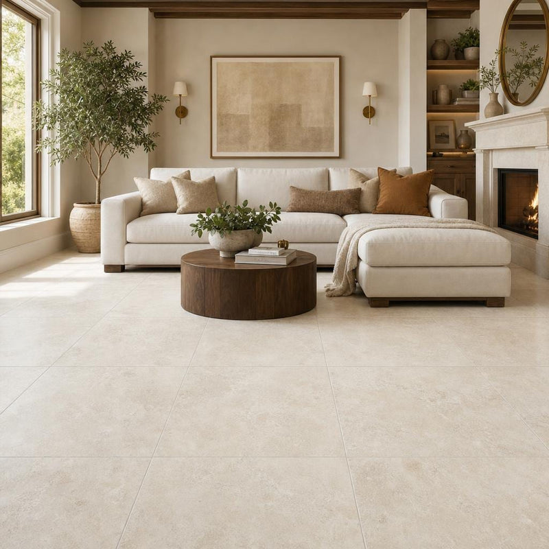 Ivory 24x24 Cross Cut Travertine Honed Filled Tile — Living Room floor