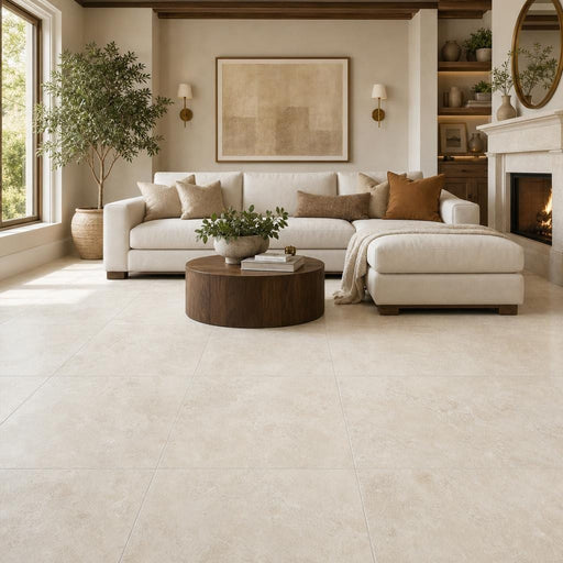 Ivory 24x24 Cross Cut Travertine Honed Filled Tile — Living Room floor
