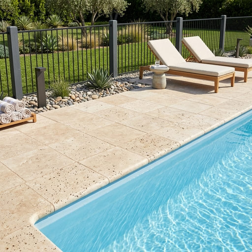 Ivory Beige Travertine Coping 12x12 Tumbled Bullnose 1.25 inch pool coping — Swimming Pool pool edge drop-face coping