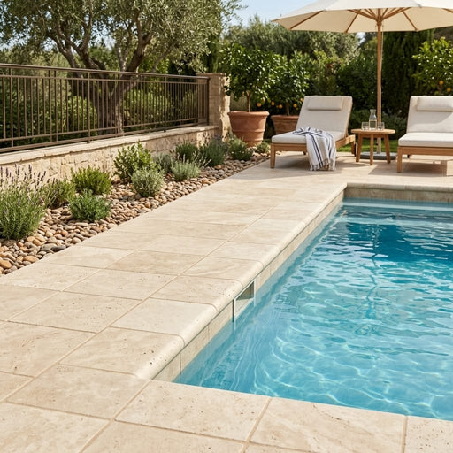 Ivory Beige Travertine Coping 12x12 Tumbled Bullnose 2 inch pool coping — Swimming Pool pool edge drop-face coping