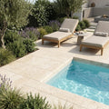 Ivory Beige Travertine Coping 12x12 Unfilled, Honed Bullnose 2 inch pool coping — Swimming Pool pool edge drop-face coping