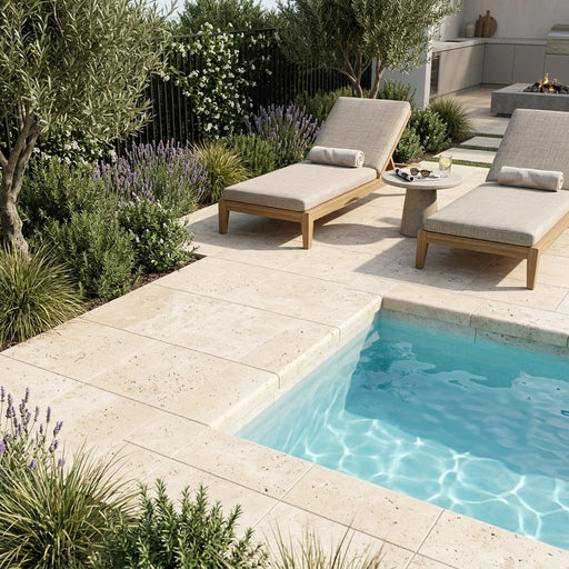 Ivory Beige Travertine Coping 12x12 Unfilled, Honed Bullnose 2 inch pool coping — Swimming Pool pool edge drop-face coping