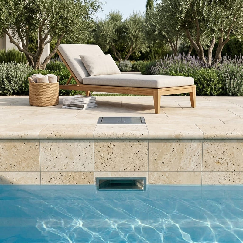 Ivory Beige Travertine Coping 12x12 Unfilled, Honed Bullnose 2 inch pool coping — Swimming Pool remodel pool edge
