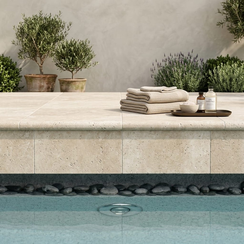 Ivory Beige Travertine Coping 12x18 Tumbled Double Bullnose 1.25 inch 16x24 pool coping — Spa spa overhang edge