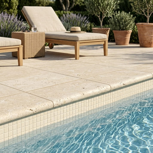 Ivory Beige Travertine Coping 12x18 Tumbled Double Bullnose 1.25 inch 16x24 pool coping — Swimming Pool pool edge drop-face coping