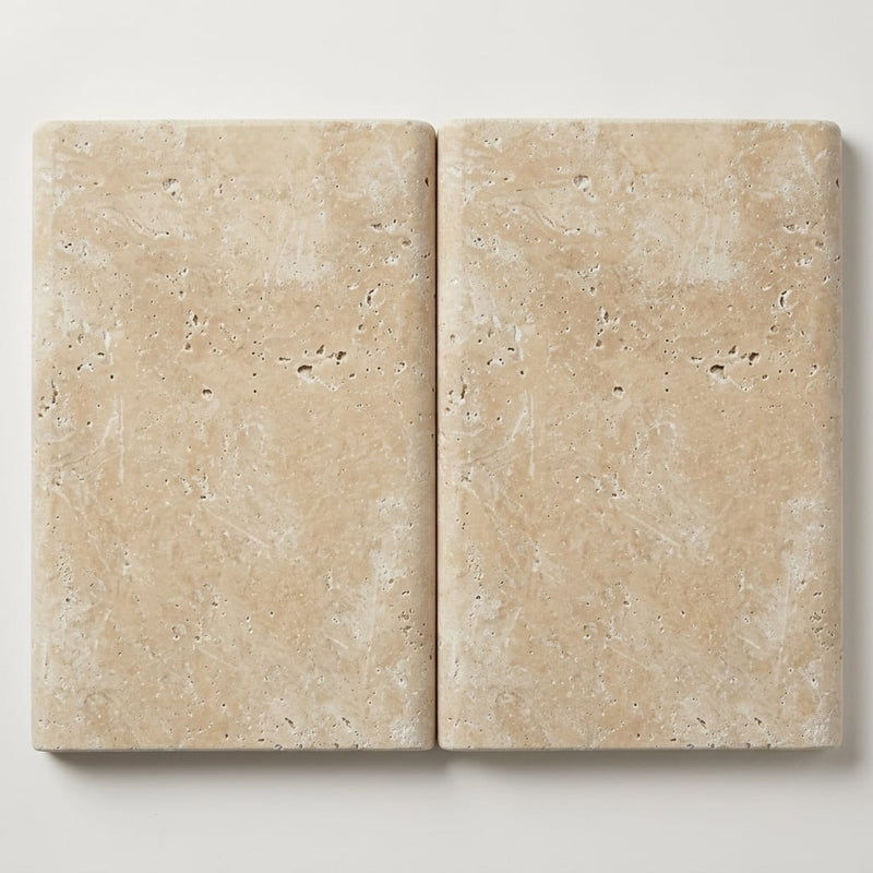 Ivory Beige Travertine Coping 12x18 Tumbled Double Bullnose 2 inch 16x24 close-up