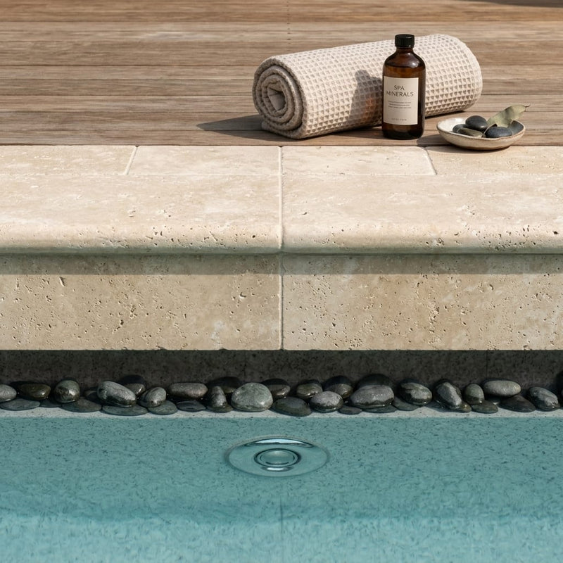 Ivory Beige Travertine Coping 12x18 Tumbled Double Bullnose 2 inch 16x24 pool coping — Spa spa overhang edge