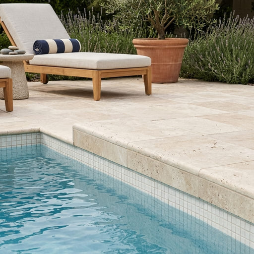 Ivory Beige Travertine Coping 12x18 Tumbled Double Bullnose 2 inch 16x24 pool coping — Swimming Pool pool edge drop-face coping
