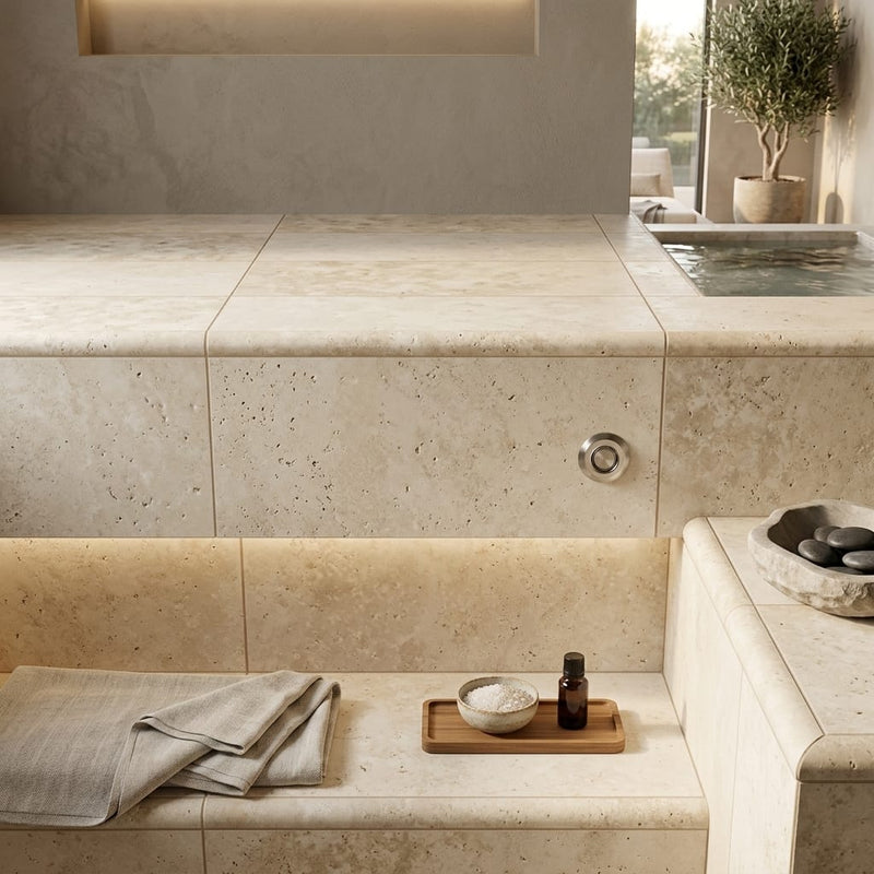 Ivory Beige Travertine Coping 12x24 Tumbled Bullnose 1.25 inch pool coping — Spa spa overhang edge