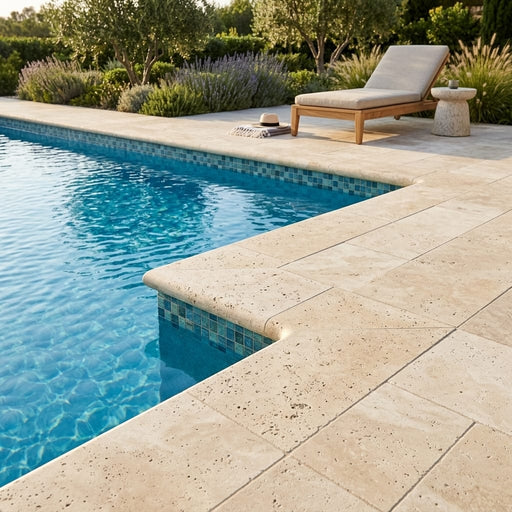 Ivory Beige Travertine Coping 12x24 Tumbled Bullnose 1.25 inch pool coping — Swimming Pool pool edge drop-face coping