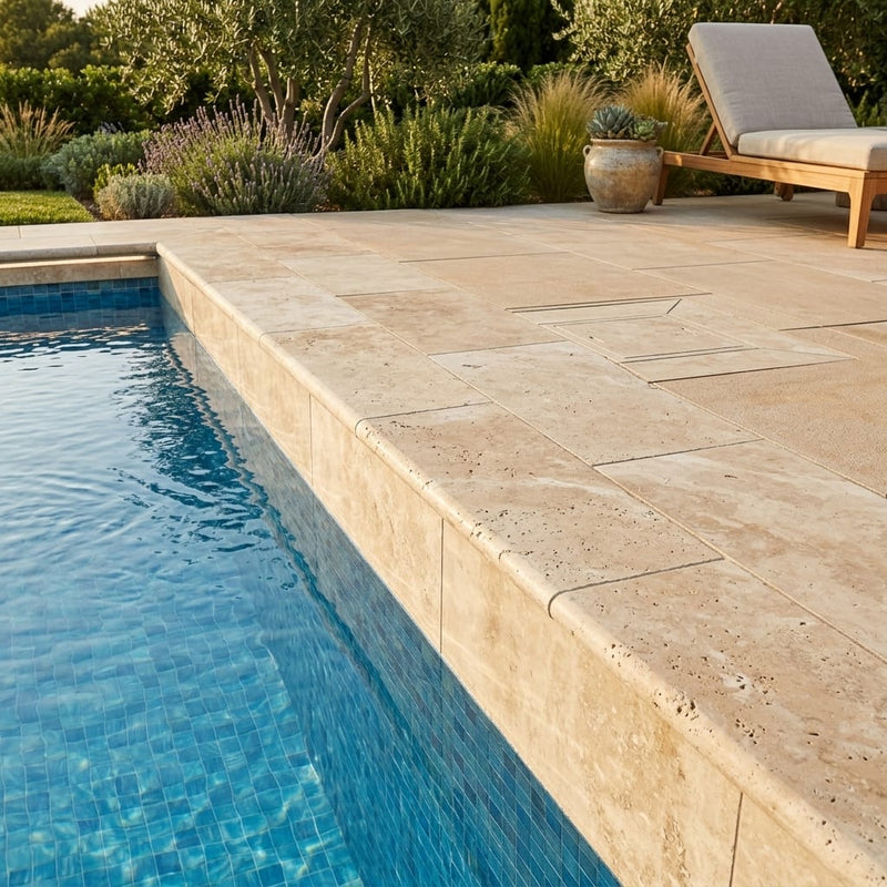 Ivory Beige Travertine Coping 12x24 Tumbled Bullnose 1.25 inch pool coping — Swimming Pool remodel pool edge