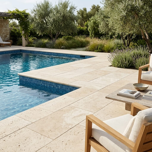 Ivory Beige Travertine Coping 12x24 Tumbled Bullnose 2 inch pool coping — Swimming Pool pool edge drop-face coping