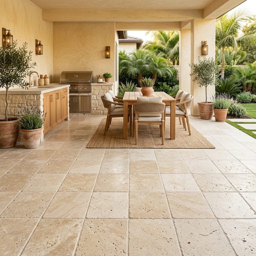 Ivory Beige Travertine Paver 12x12 Tumbled 1.25 inch — Backyard patio