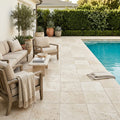 Ivory Beige Travertine Paver 12x12 Tumbled 1.25 inch — Backyard pool deck