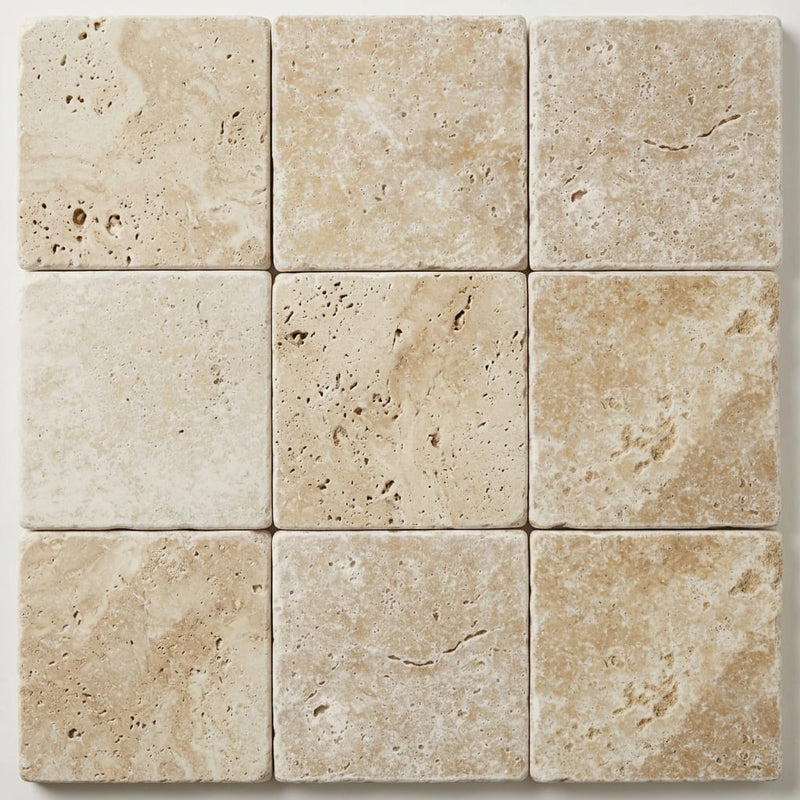 Ivory Beige Travertine Paver 12x12 Tumbled 1.25 inch close-up