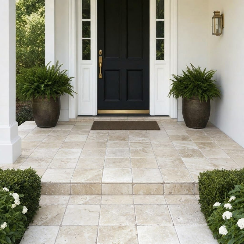 Ivory Beige Travertine Paver 12x12 Tumbled 1.25 inch — Front Yard front porch