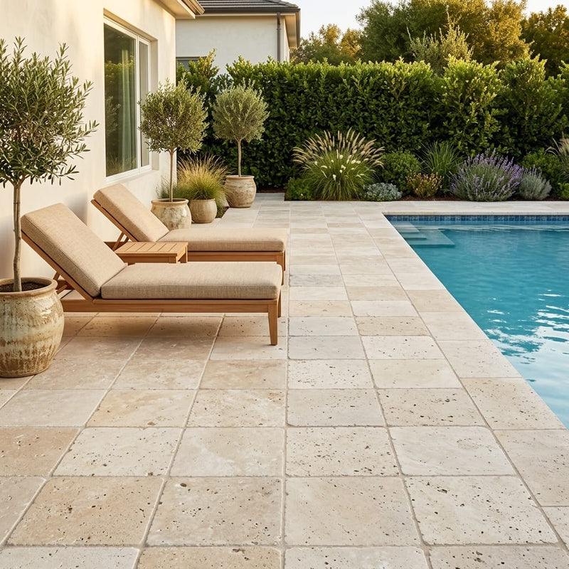 Ivory Beige Travertine Paver 12x12 Tumbled 2 inch — Backyard pool deck