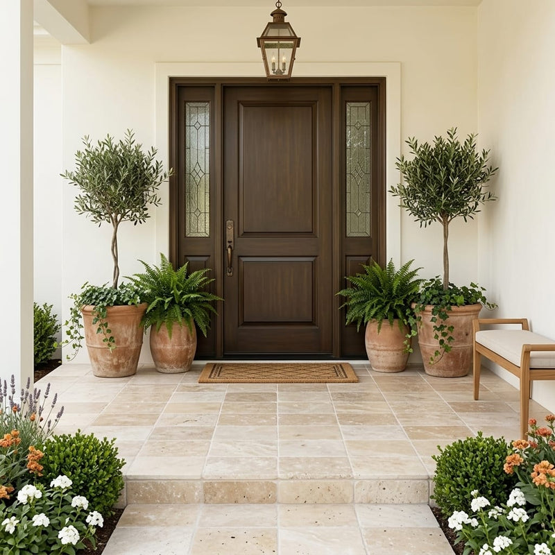 Ivory Beige Travertine Paver 12x12 Tumbled 2 inch — Front Yard front porch