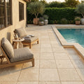 Ivory Beige Travertine Paver 12x12 Unfilled Chiseled 1.25 inch — Backyard pool deck