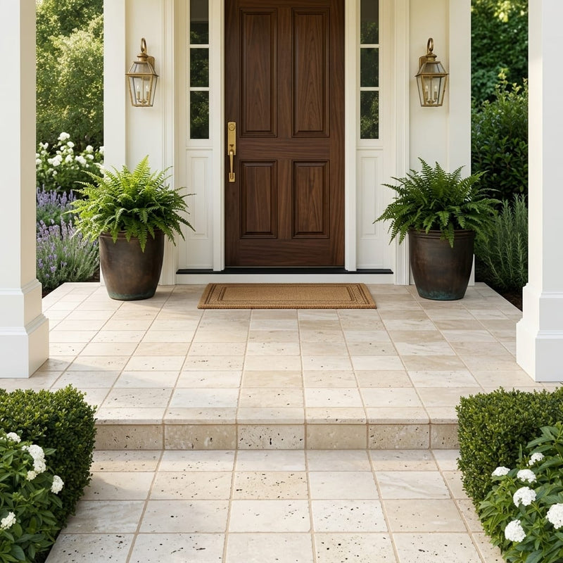 Ivory Beige Travertine Paver 12x12 Unfilled Chiseled 1.25 inch — Front Yard front porch