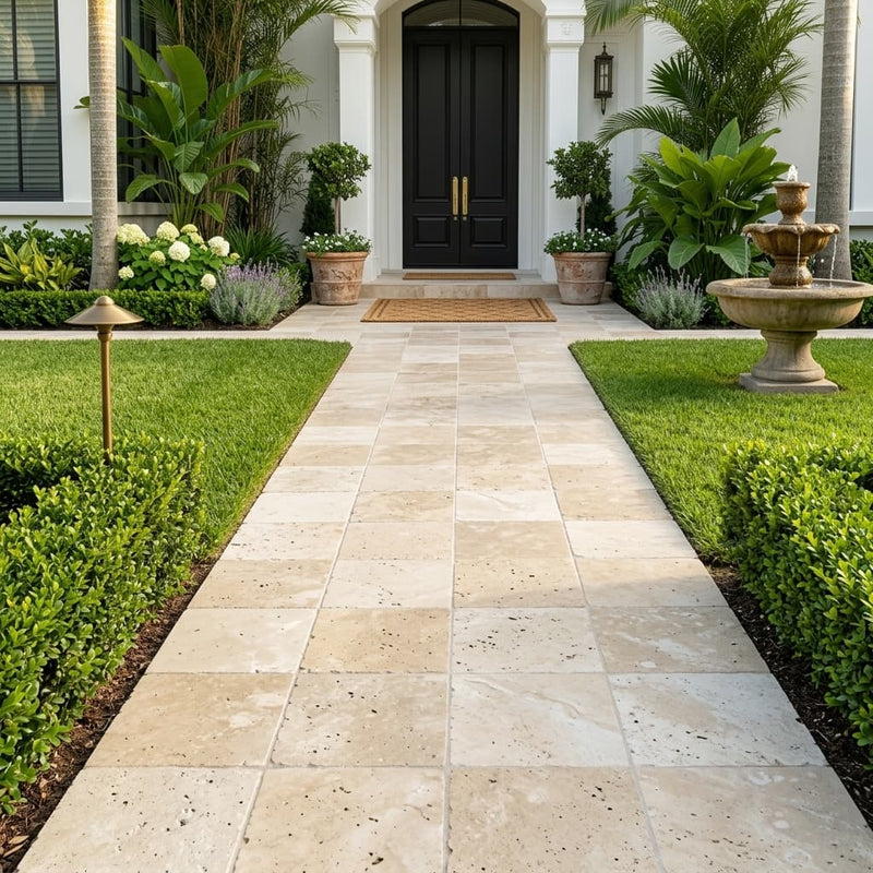 Ivory Beige Travertine Paver 12x12 Unfilled Chiseled 1.25 inch — Front Yard walkway