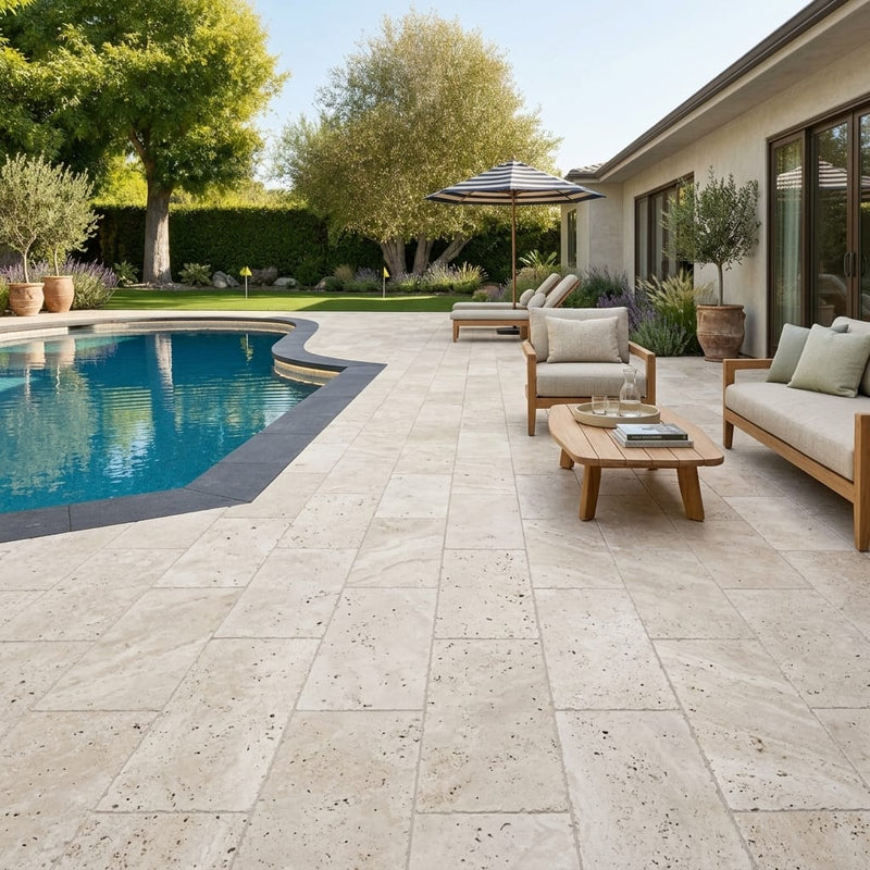 Ivory Beige Travertine Paver 12x24 Tumbled 2 inch — Backyard pool deck