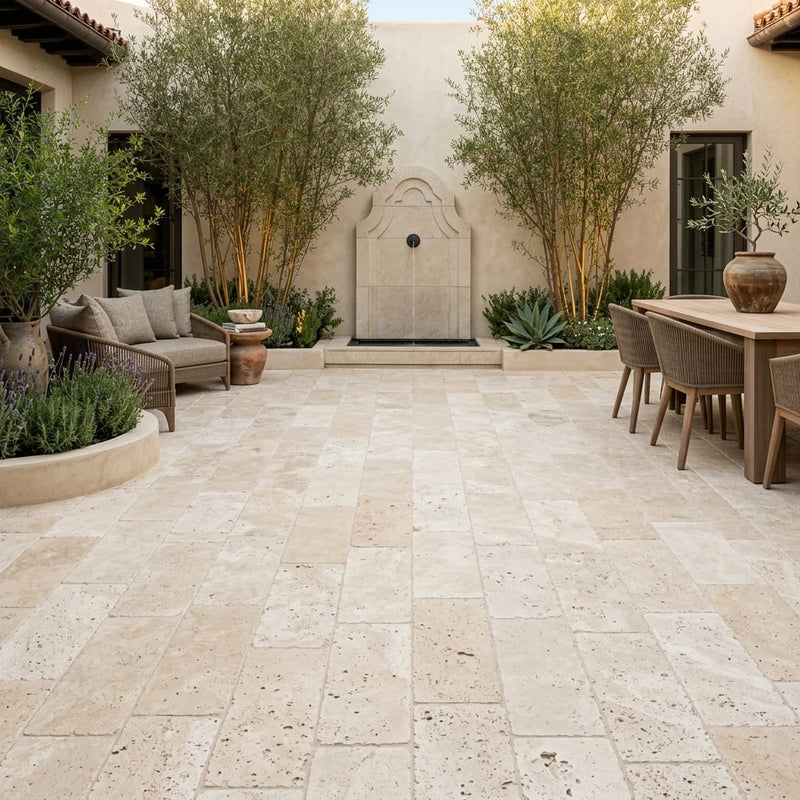 Ivory Beige Travertine Paver 12x24 Tumbled 2 inch — Courtyard paving